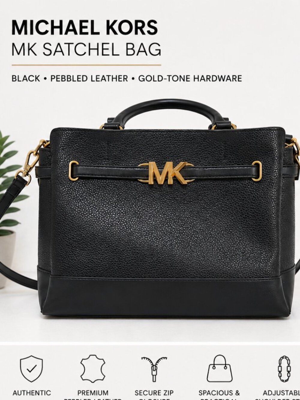 Michael Kors Black Pebbled Leather Satchel Handbag with Gold-Tone MK Hardware